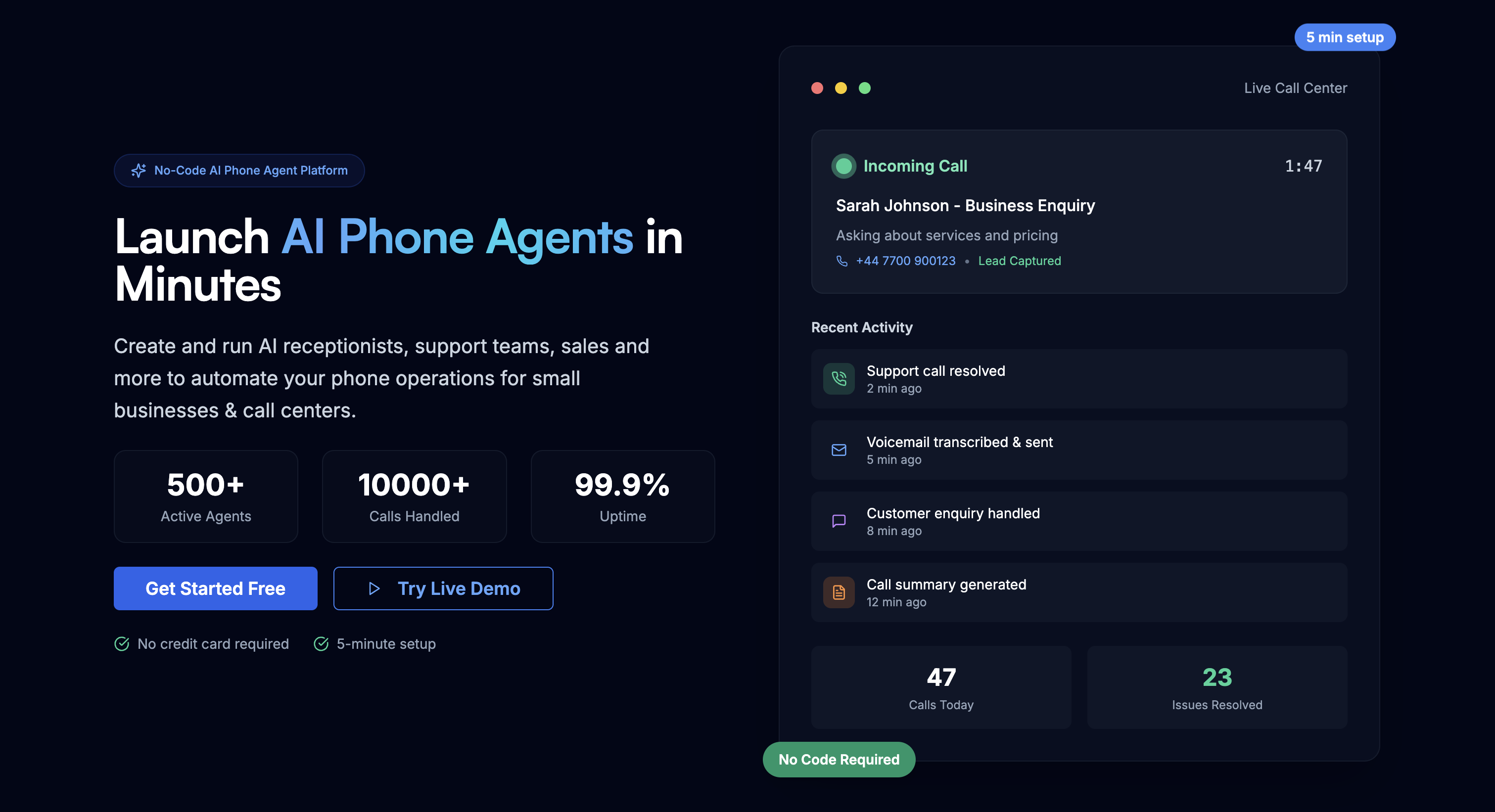 AI Phone Agents & Receptionists in Minutes